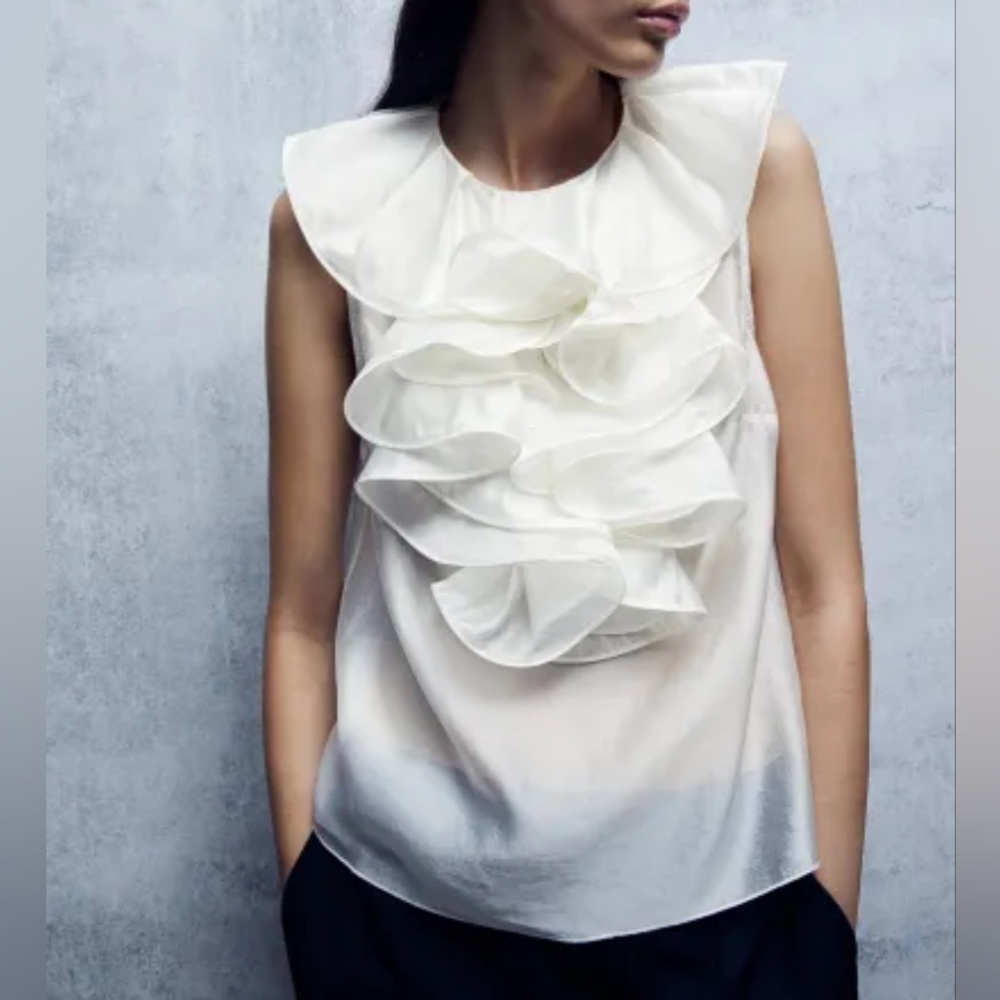 H&M flounce-trimmed top- ruffled organza sleeveless Blouse/top off white/pearl